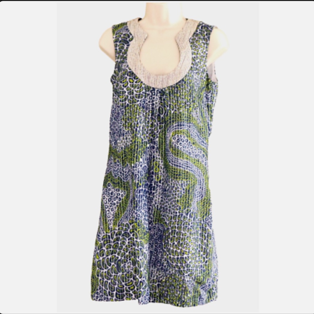 Trina Turk Sleeveless Dress Brocade Geometric Mini Metallic Wool Womens 8 | V351